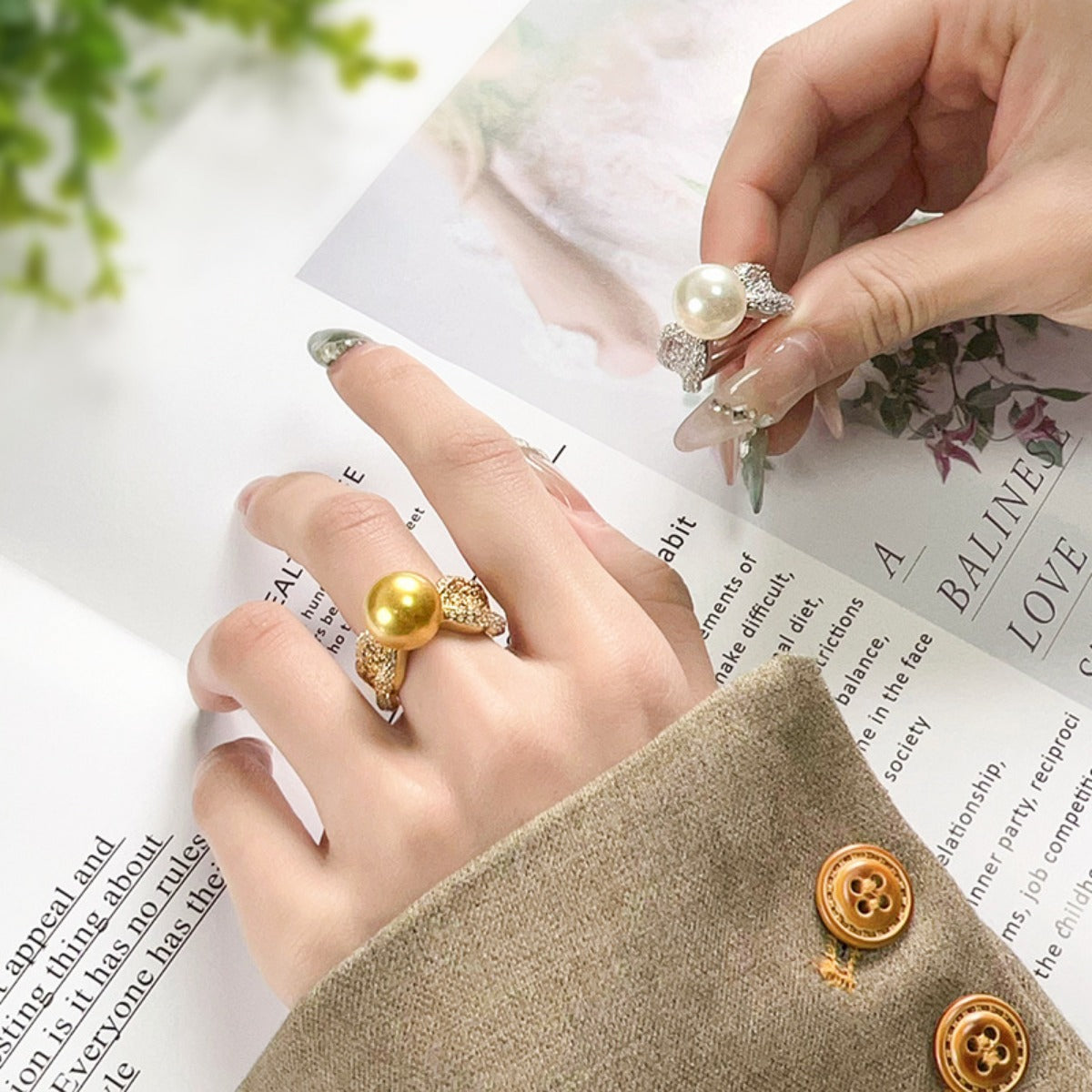 Urqanyu copper-plated pearl temperament fashion cubic zirconia gold ring 10mm