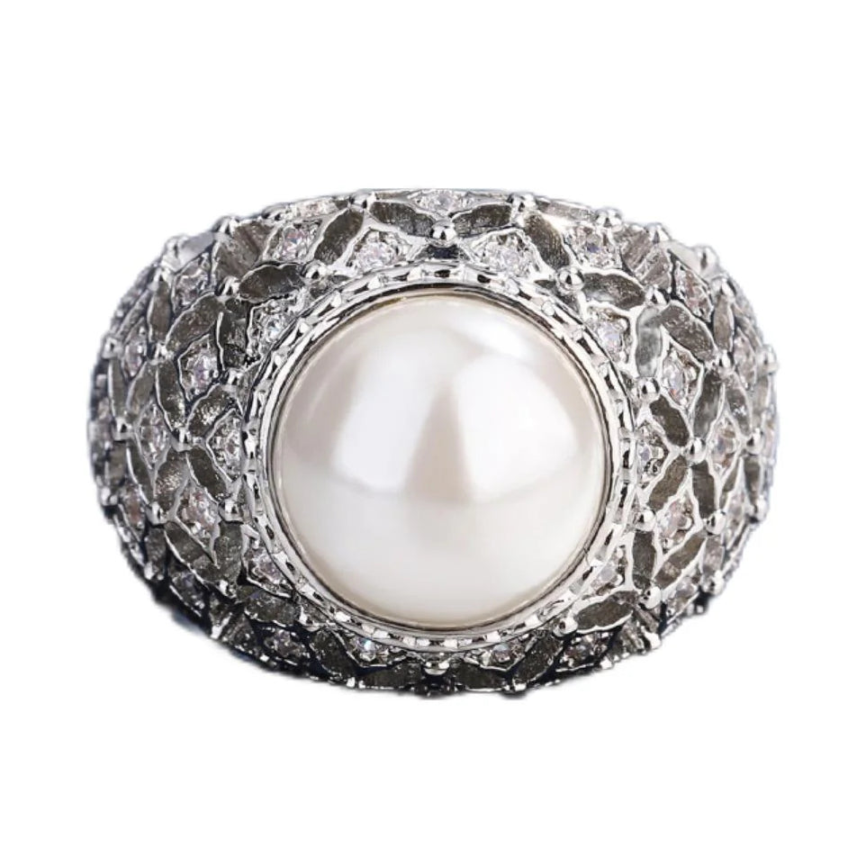 Urqanyu copper-plated gold-plated shell beads light gold white pearls retro hollow cubic zirconia ring 10mm