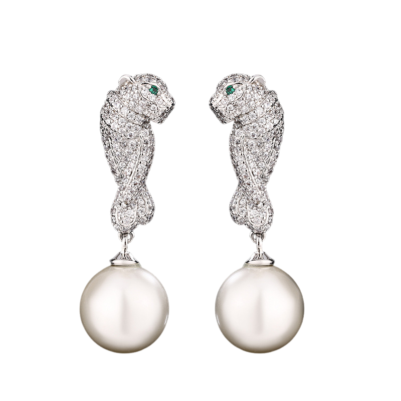 Urqanyu copper-based gold-plated fashionable inlaid pearl leopard cubic zirconia pendant earrings 12mm