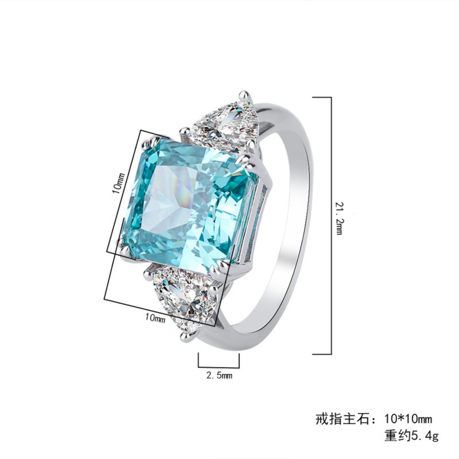 Urqanyu S925 silver mint green purple diamond square 10*10mm 5 carat cubic zirconia ring