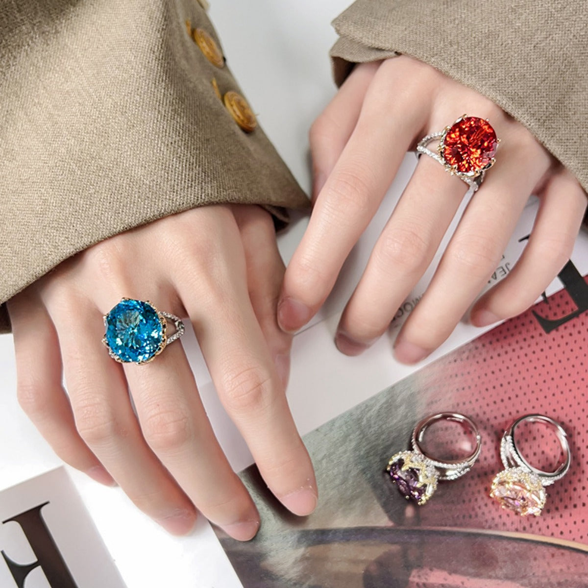 Urqanyu copper-based gold-plated simulated colored gemstone dried rose vintage egg-shaped cubic zirconia ring