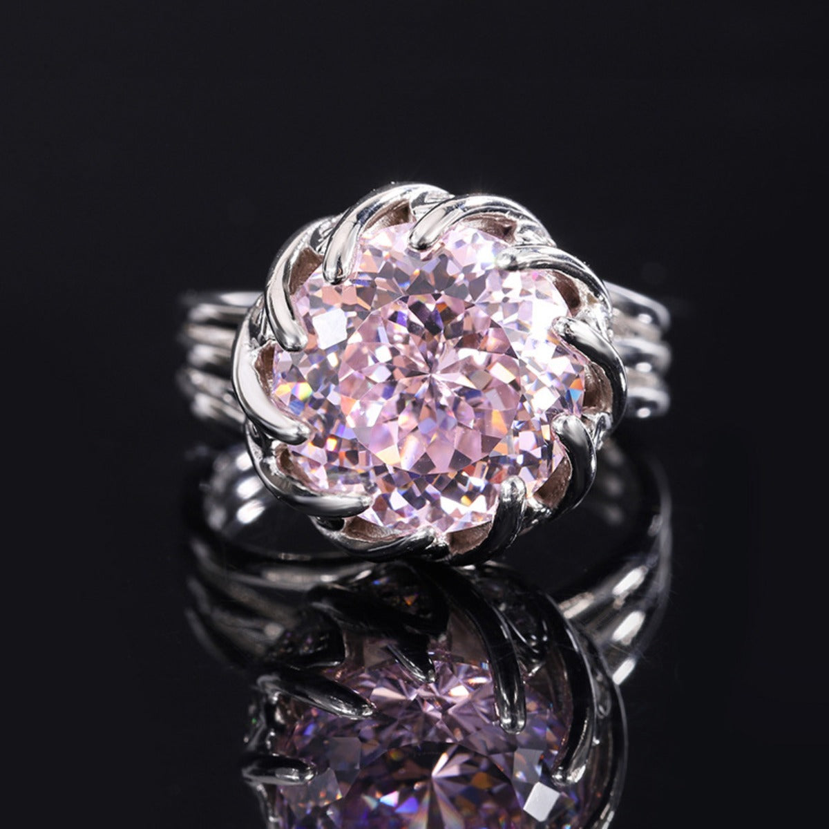 S925 silver high carbon diamond pink burst lotus cubic zirconia ring