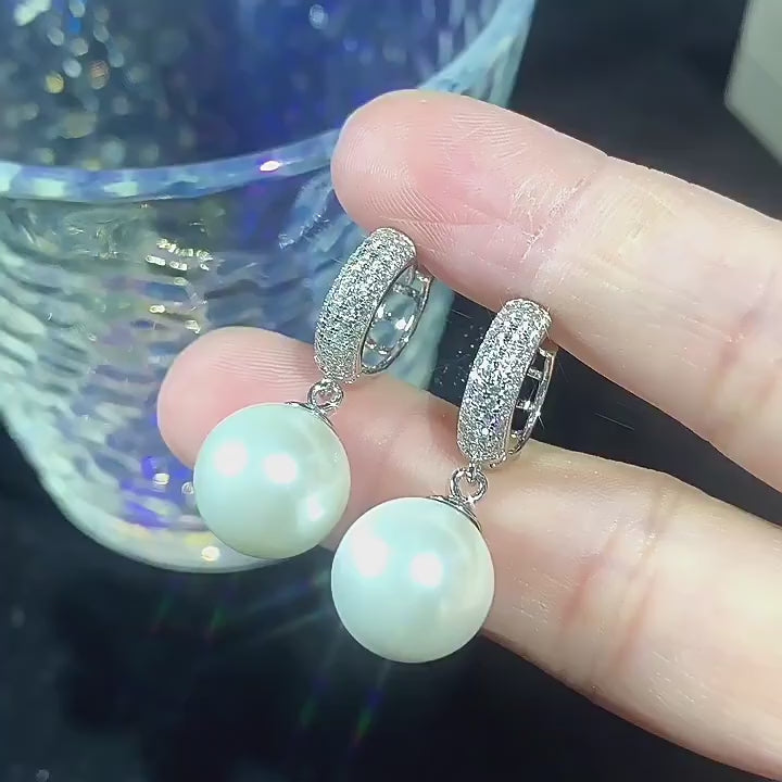 Load video: Urqanyu S925 silver inlaid mother-of-pearl vintage cubic zirconia pendant earrings 12mm