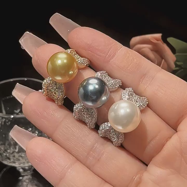 Load video: Urqanyu copper-plated pearl temperament fashion cubic zirconia gold ring 10mm