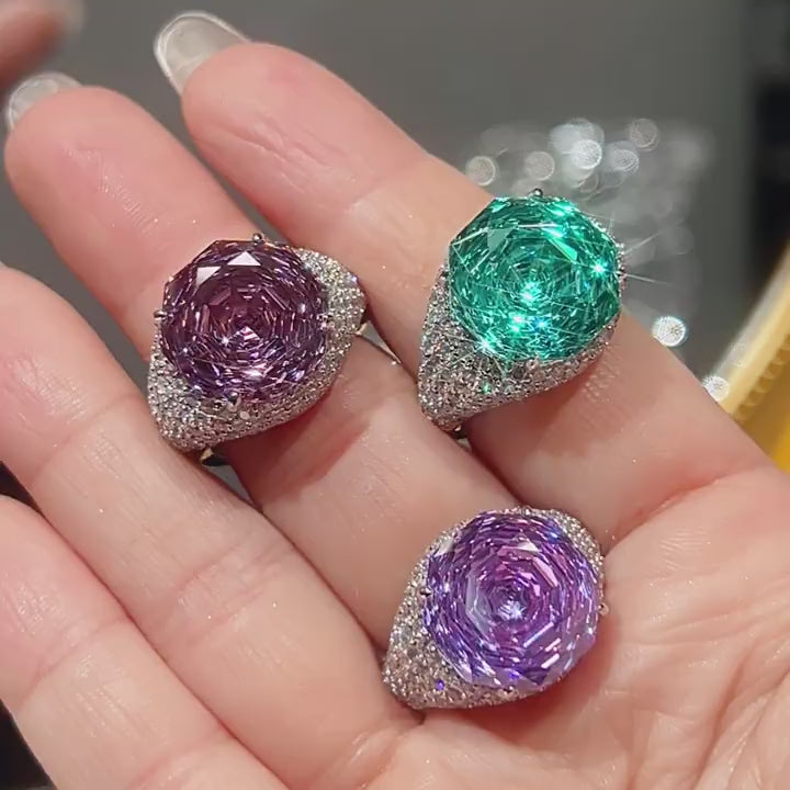 Load video: Urqanyu copper-based gold-plated simulated rose-cut colored gemstone temperament retro cubic zirconia ring