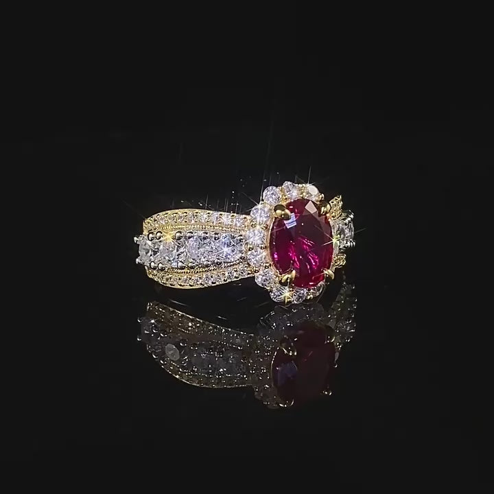 Load video: Urqanyu S925 silver French lace edge simulation pigeon blood red oval cubic zirconia ring