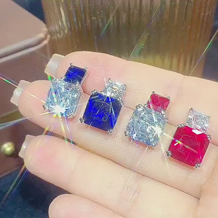 Load video: UrqanyuS925 silver simulated colored gemstone AB style princess square cubic zirconia pendant earrings 10mm