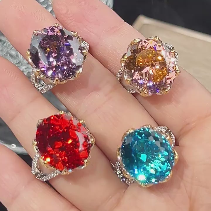 Load video: Urqanyu copper-based gold-plated simulated colored gemstone dried rose vintage egg-shaped cubic zirconia ring