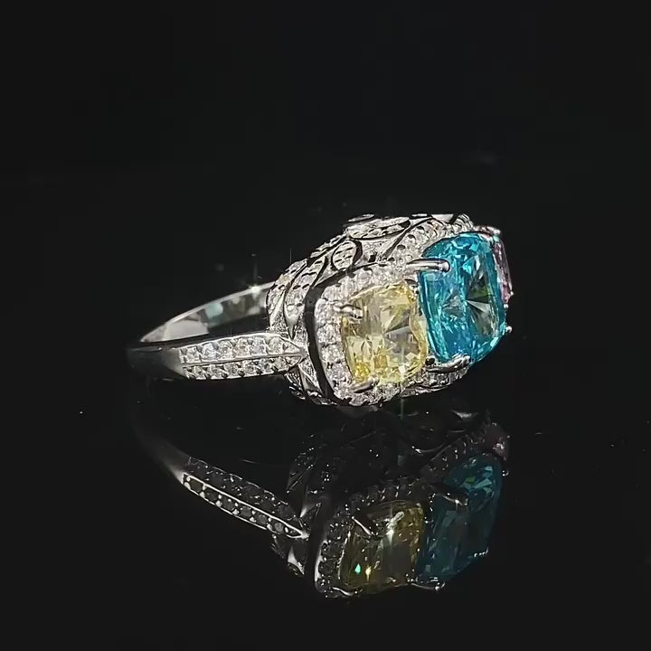 Load video: Urqanyu 2 carat imitation color inlaid yellow, blue and pink personality full diamond contrast color cubic zirconia diamond ring