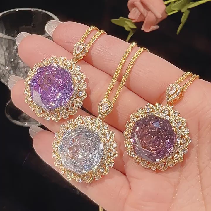 Load video: Urqanyu Copper-base gold-plated rose-cut elegant retro cubic zirconia pendant necklace