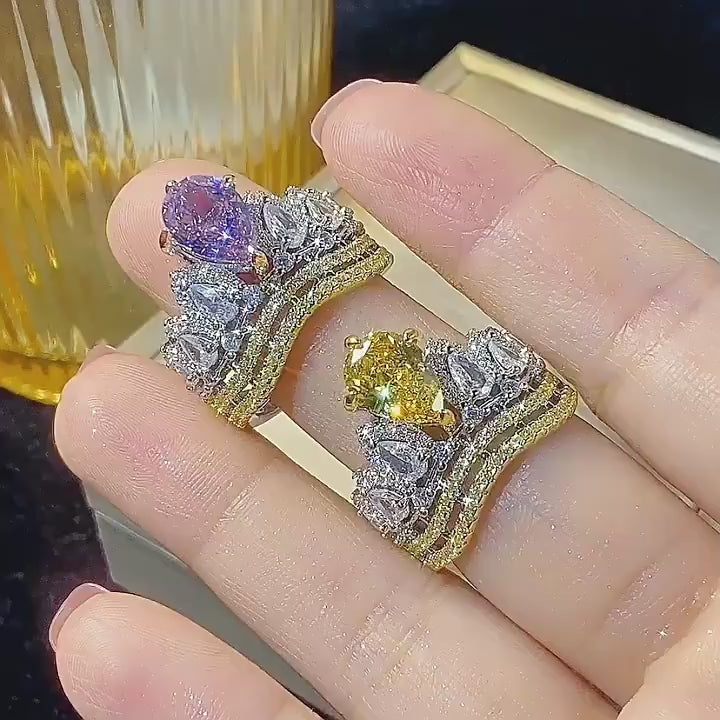 Load video: Urqanyu copper-based gold-plated ice flower cut crown copper-inlaid elegant cubic zirconia ring